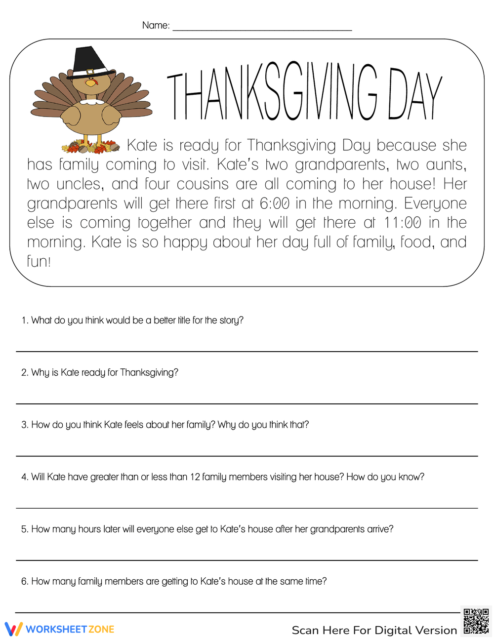 Thanksgiving Reading Comprehension PDF Worksheets 2025