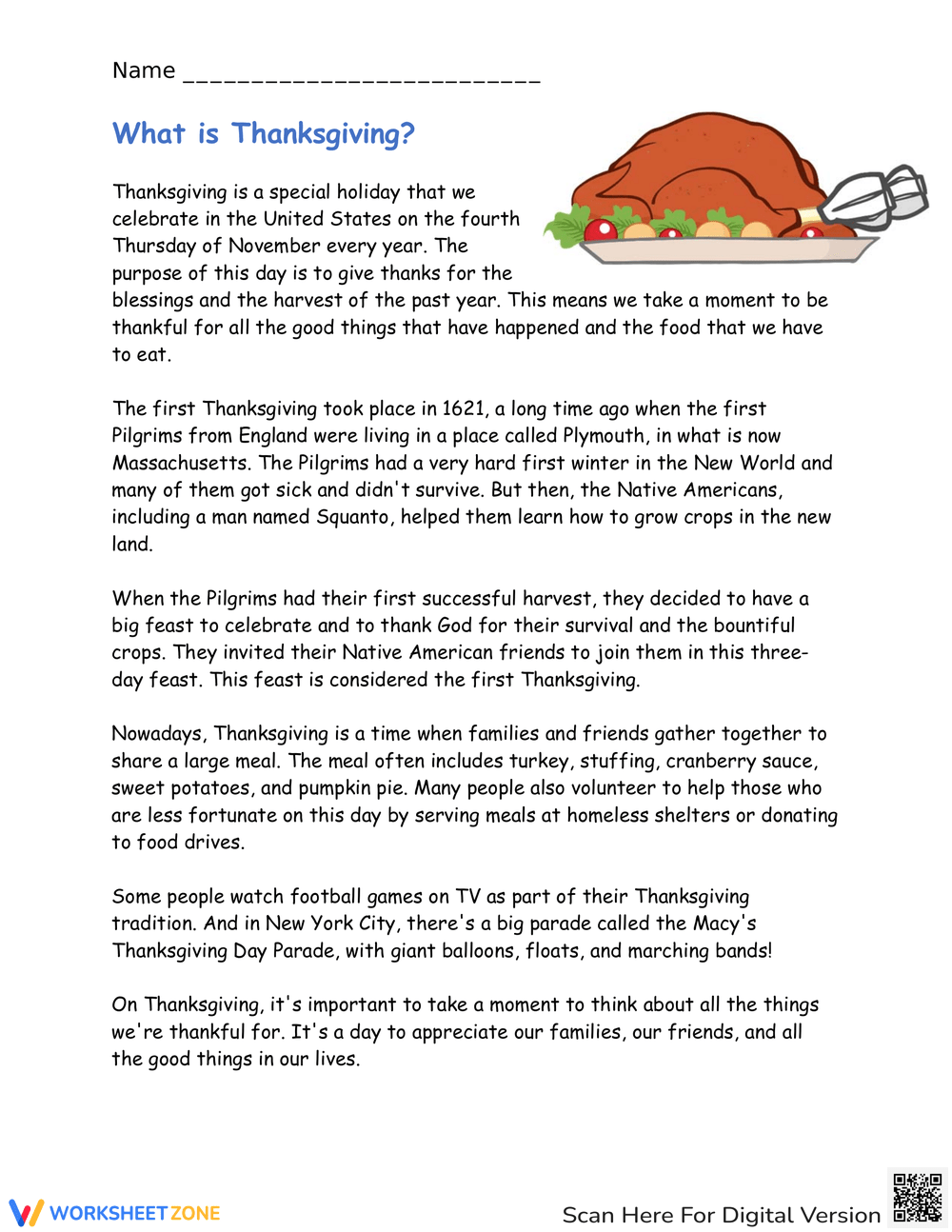 Thanksgiving Reading Comprehension PDF Worksheets 2025