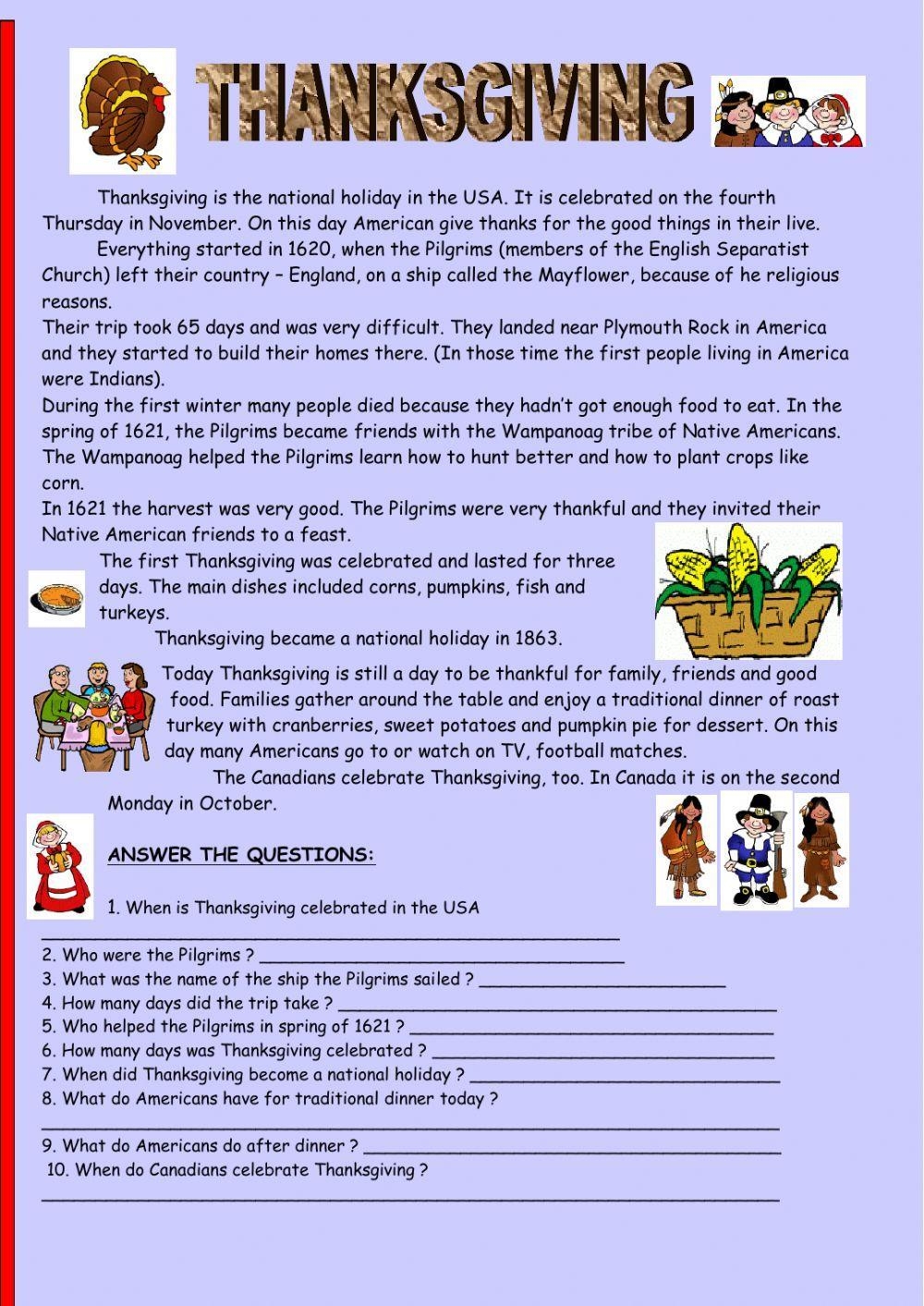 Thanksgiving Reading Comprehension Worksheets Grade 5