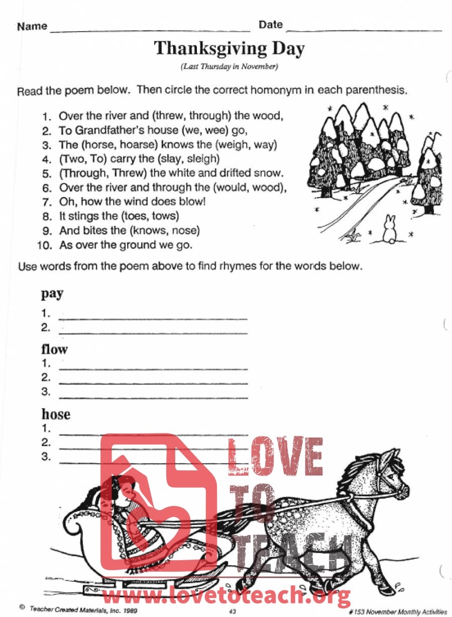 Thanksgiving Song Worksheet LoveToTeach