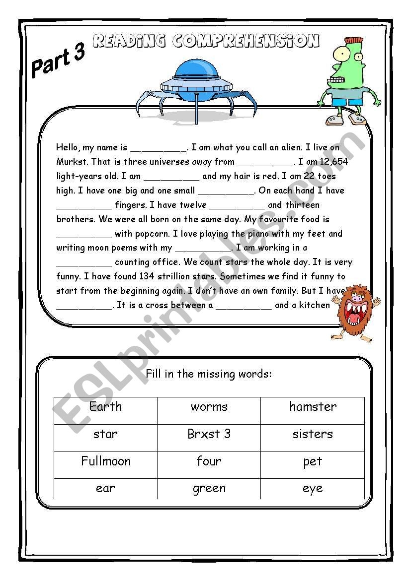 The Alien Reading Comprehension 2 3 4 Pages ESL Worksheet By Bellaplutt