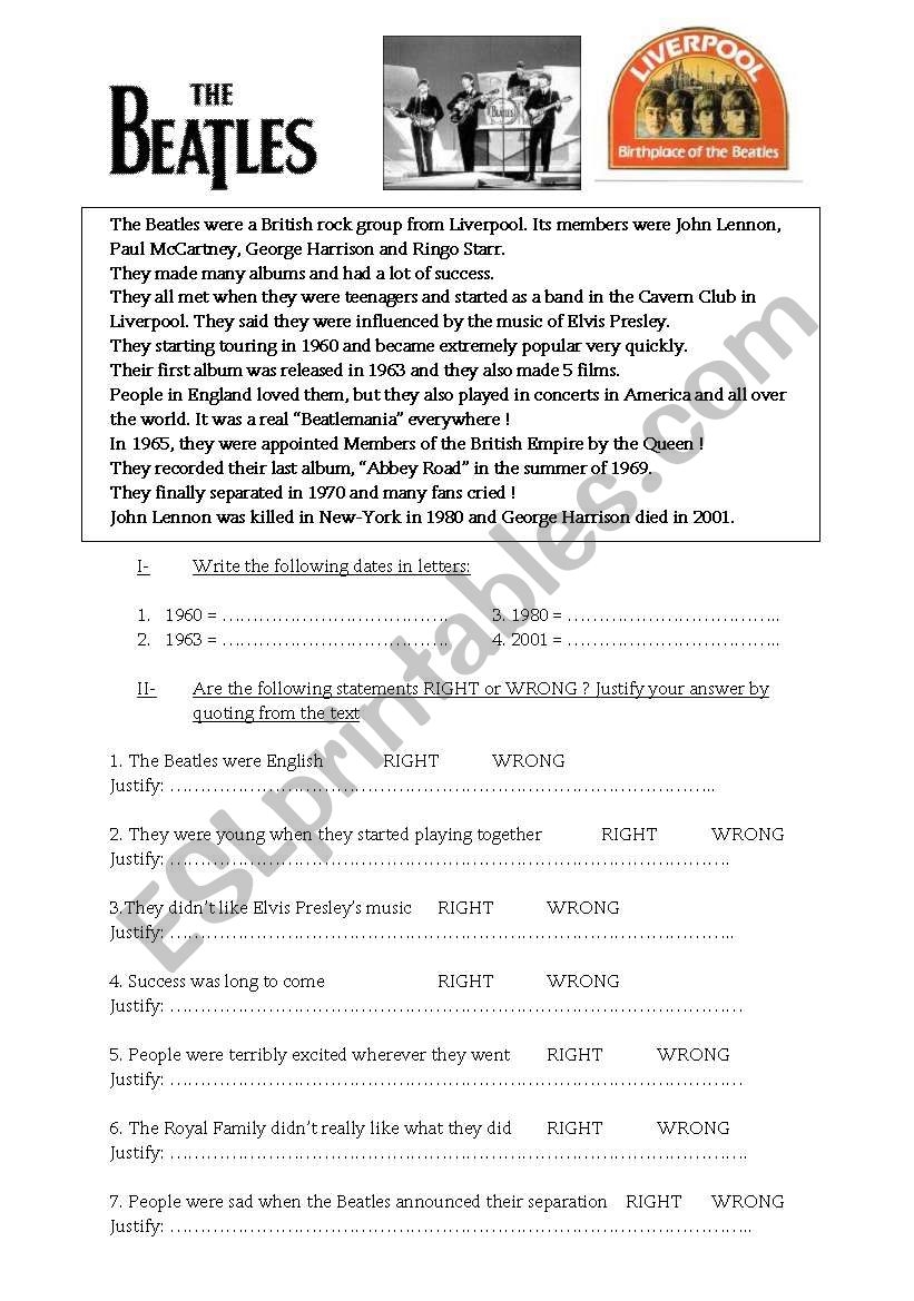 Beatles Reading Comprehension Worksheet