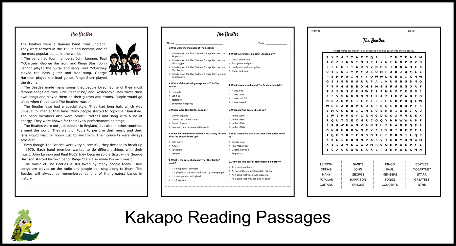 The Beatles Reading Comprehension And Word Search Teaching Resources