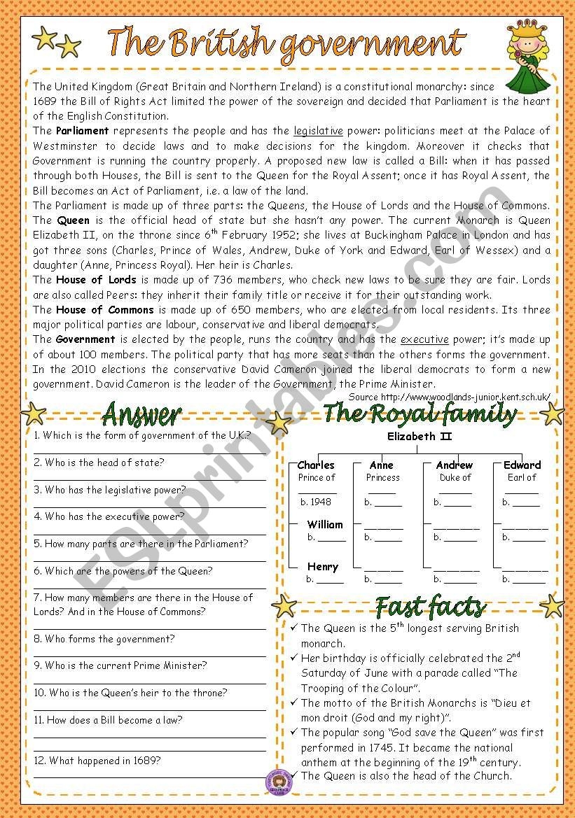 THE BRITISH GOVERNMENT ESL Worksheet By Silvia patti