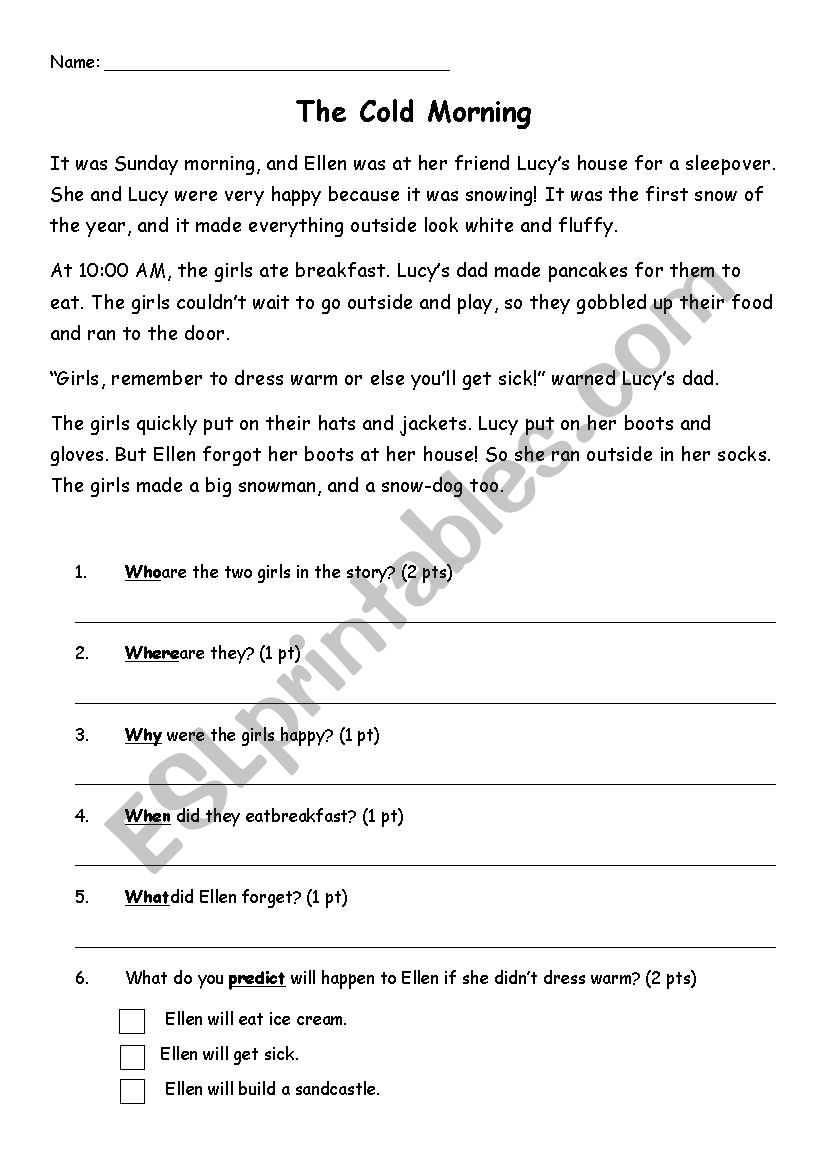 The Cold Morning Early Primary Reading Comprehension ESL Worksheet By Ahaden