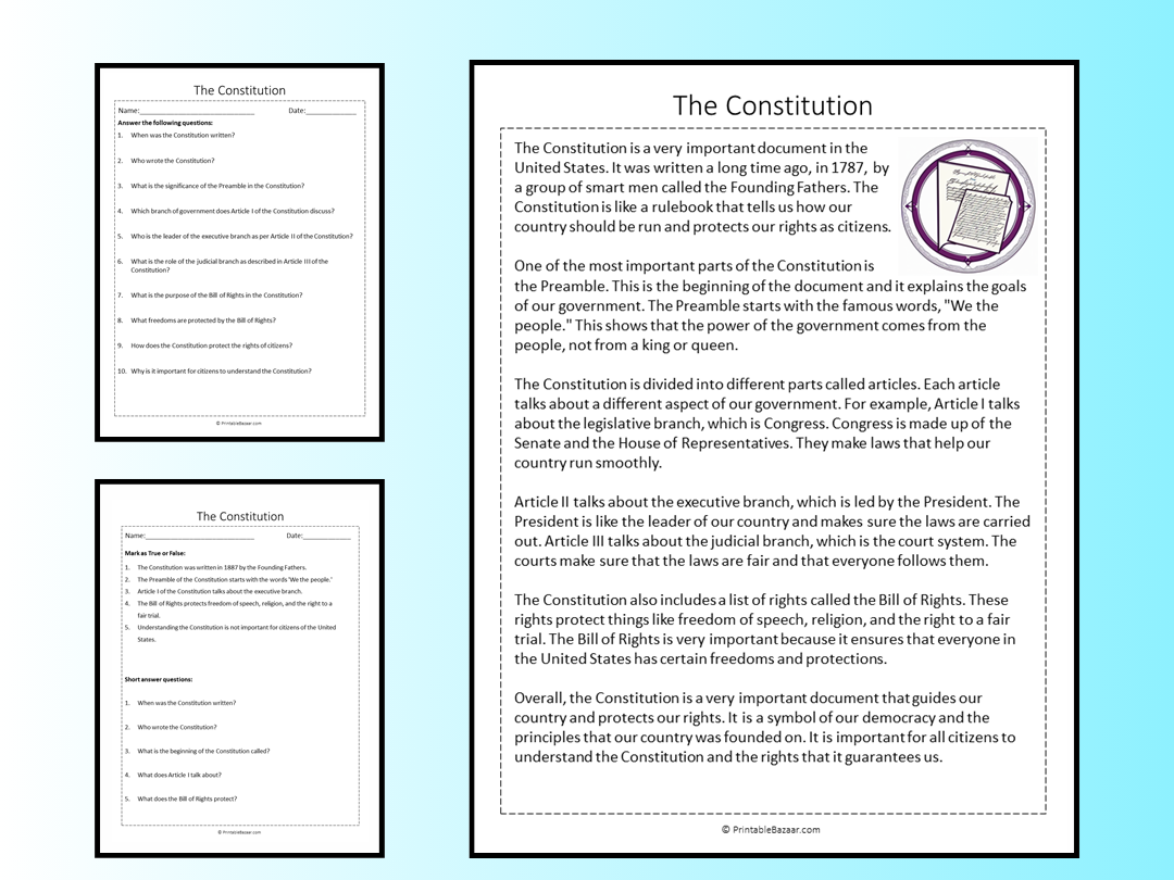 The Constitution Reading Comprehension Passage Printable Worksheet Teaching Resources