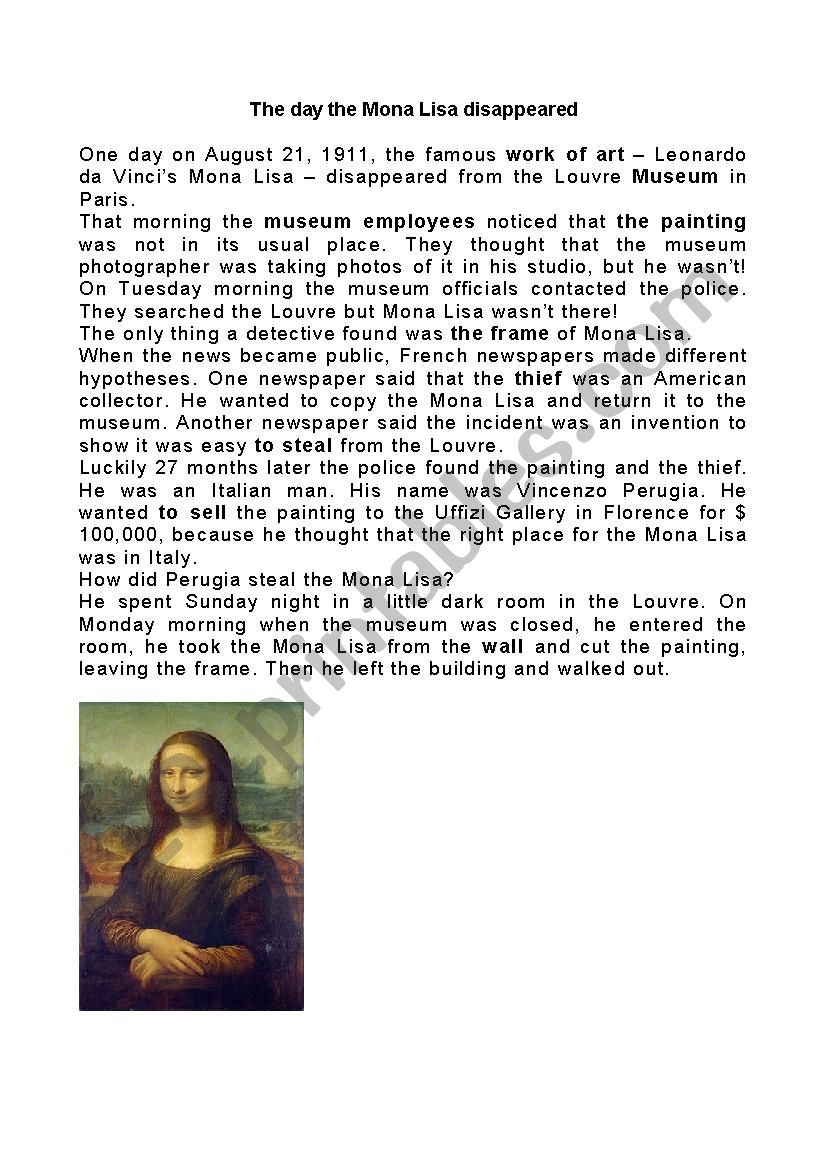 The Day The Mona Lisa Disappeared ESL Worksheet By Sweetieanne