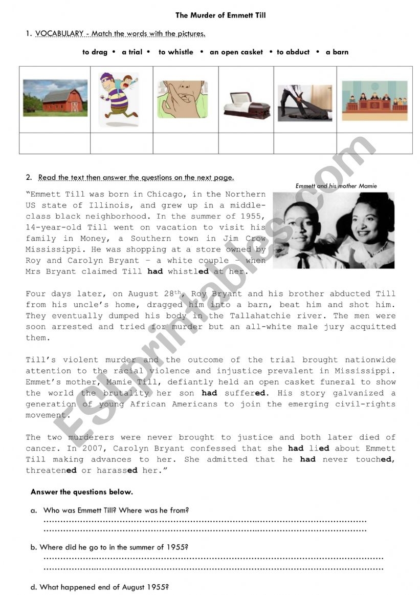 The Death Of Emmett Till ESL Worksheet By Gderivieres