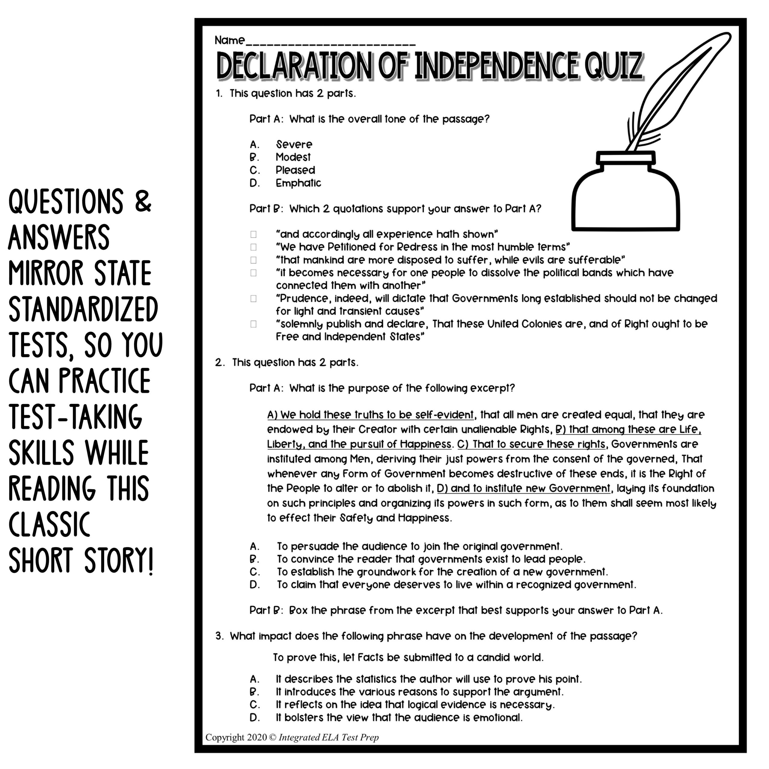 The Declaration Of Independence Quiz Reading Comprehension 