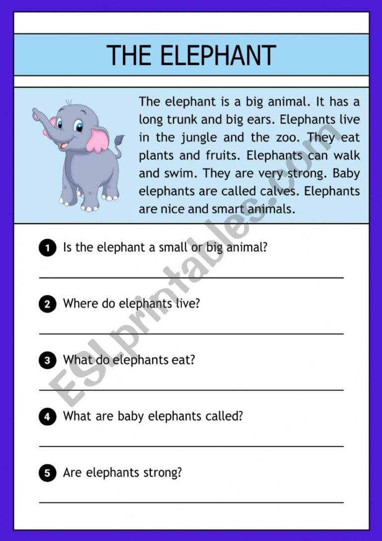 The Elephant Reading Comprehension ESL Worksheet By Demeter2023