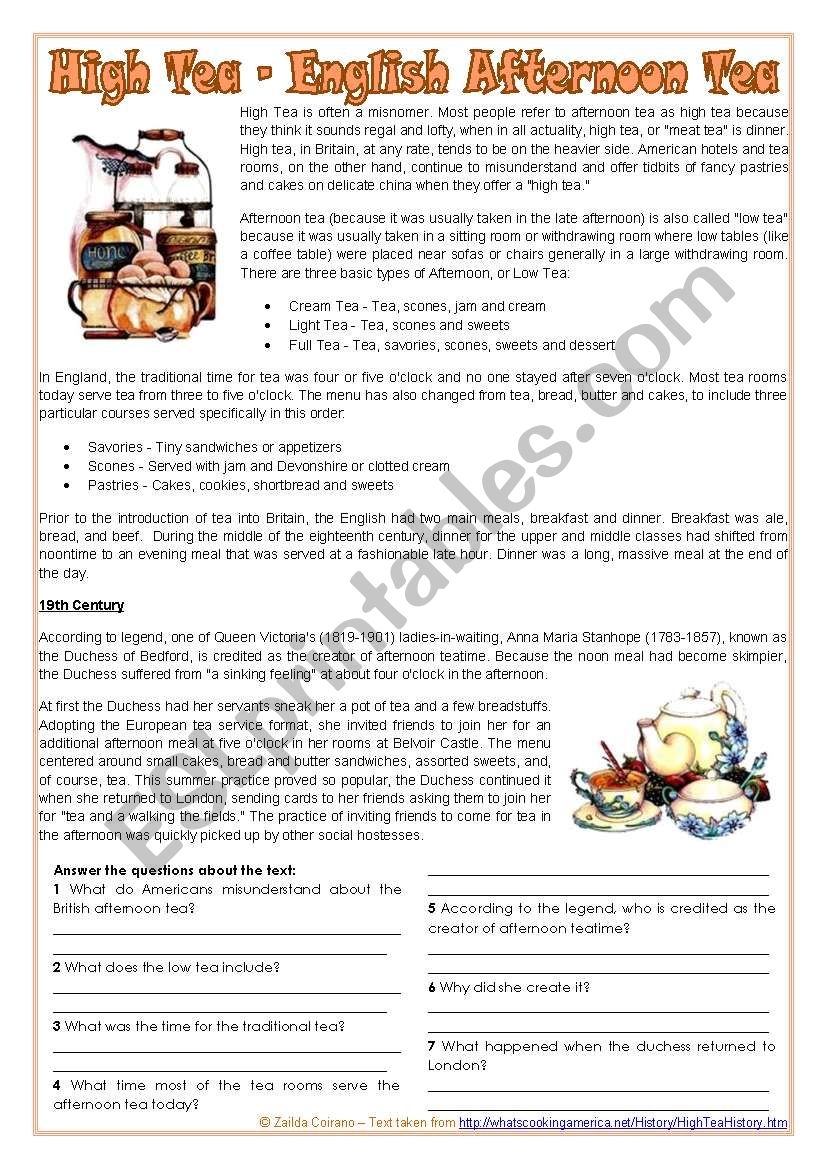 The English Afternoon Tea Text Reading Comprehension Q Multiple Choice And Personal Q 2 Pages editable ESL Worksheet By Zailda