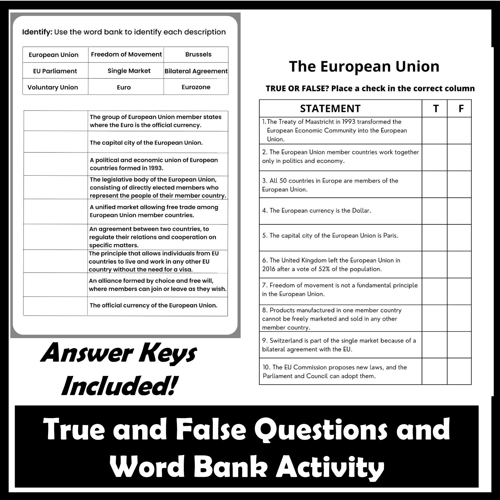 The European Union Reading Comprehension With Worksheets Word Bank And Key Made By Teachers