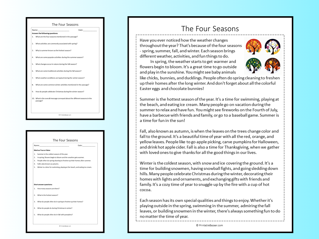 The Four Seasons Reading Comprehension Passage Printable Worksheet 