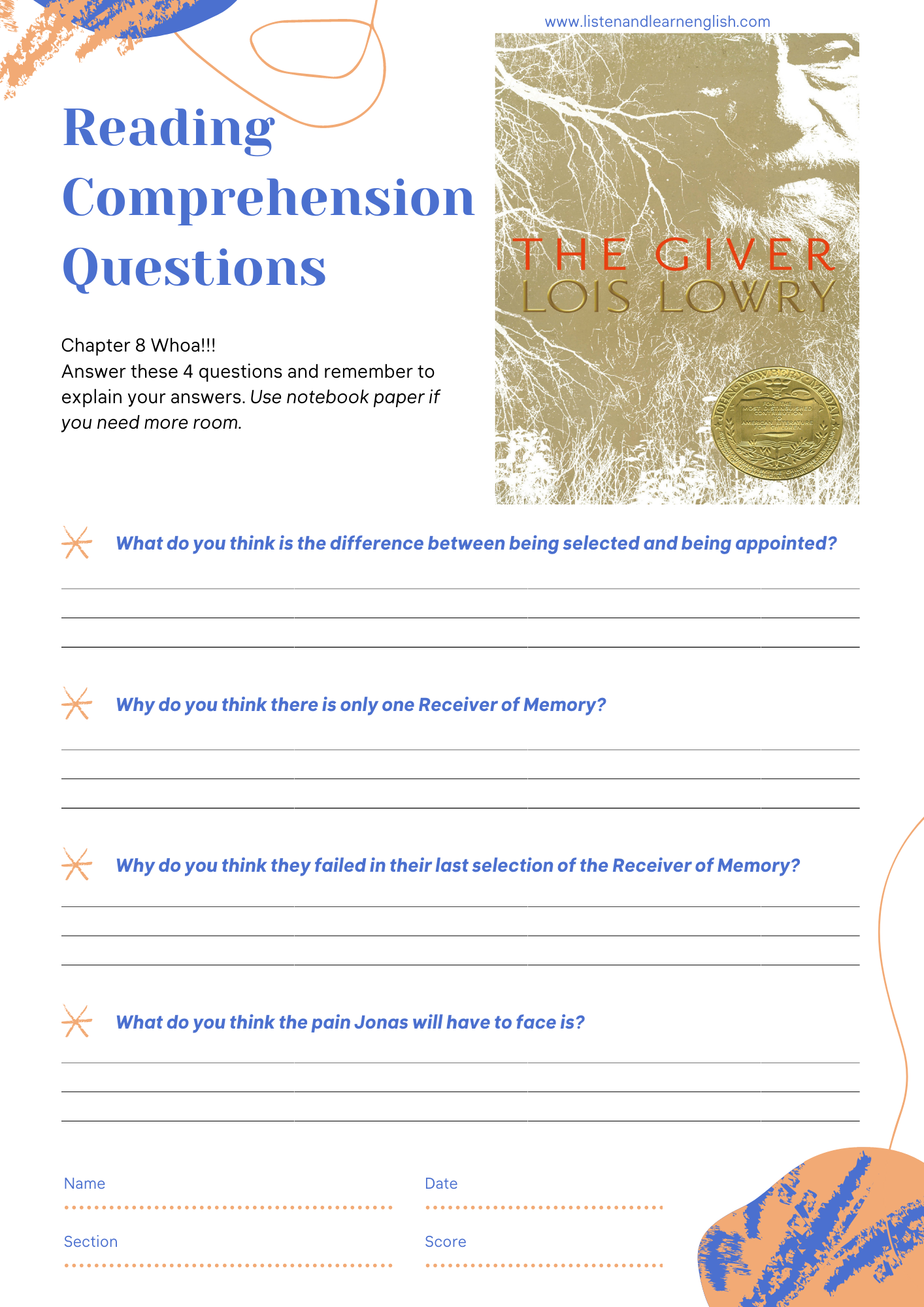 The Giver Chapter 10 Reading Comprehension Video And Questions 