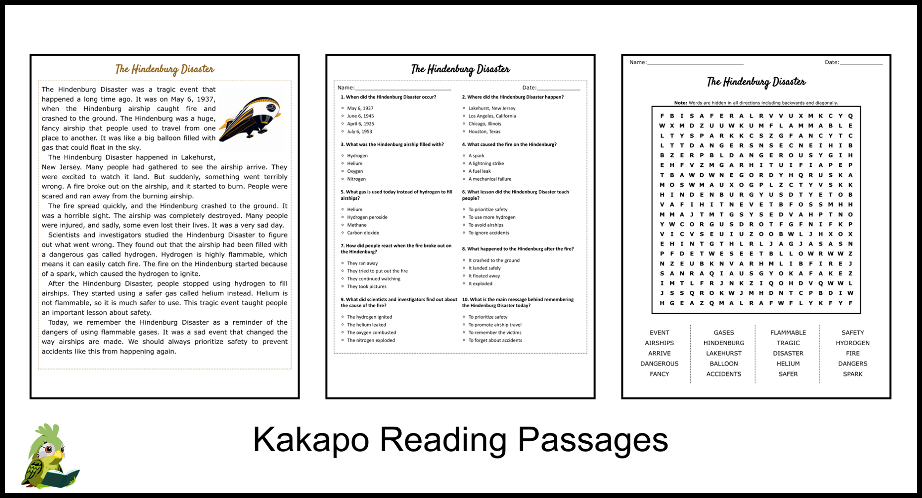 The Hindenburg Disaster Reading Comprehension And Word Search 