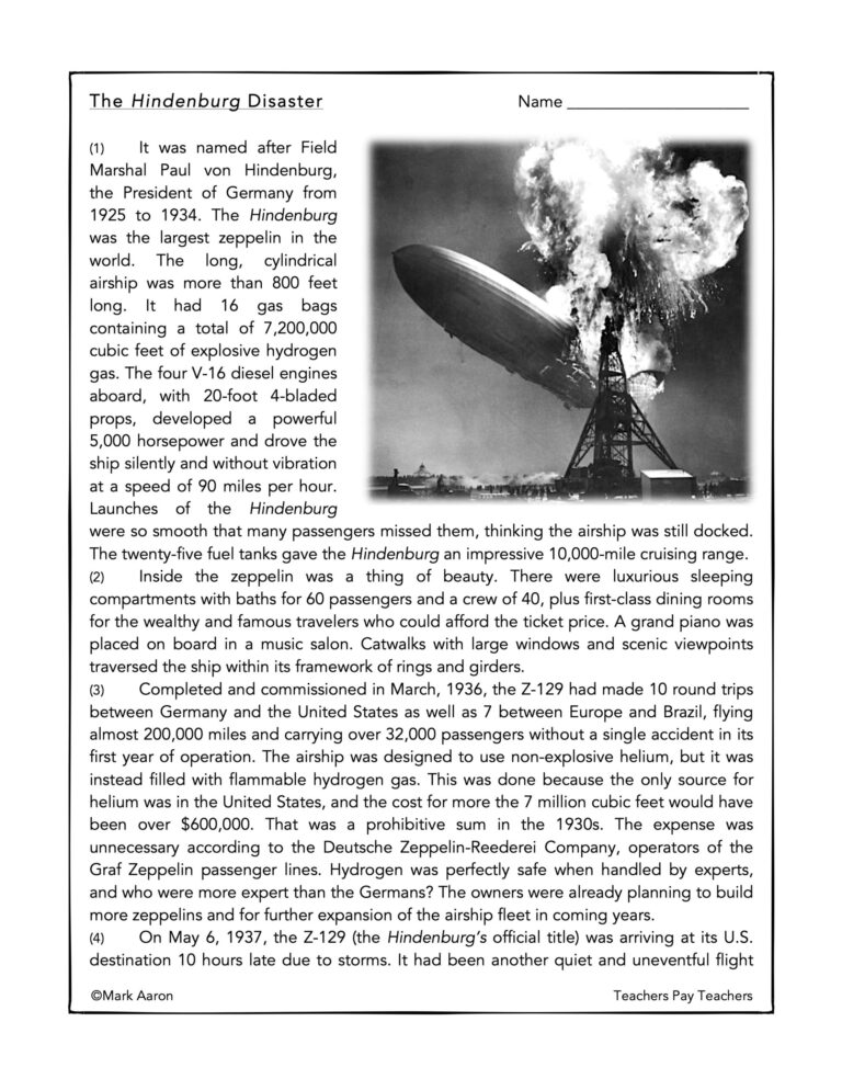 The Hindenburg Disaster Reading Comprehension Passage And 