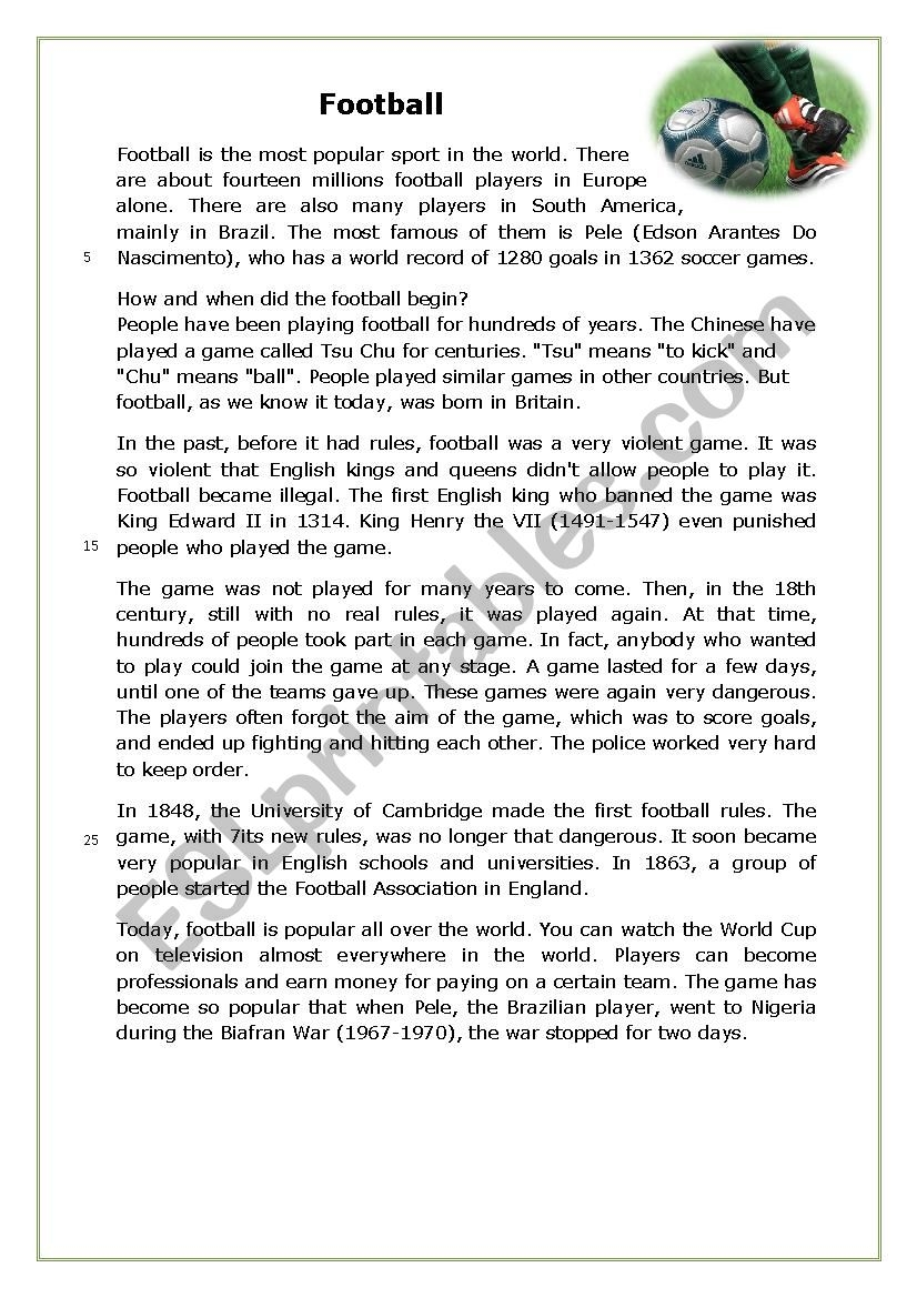 The History Of Football Reading Comprehension ESL Worksheet By Neryas