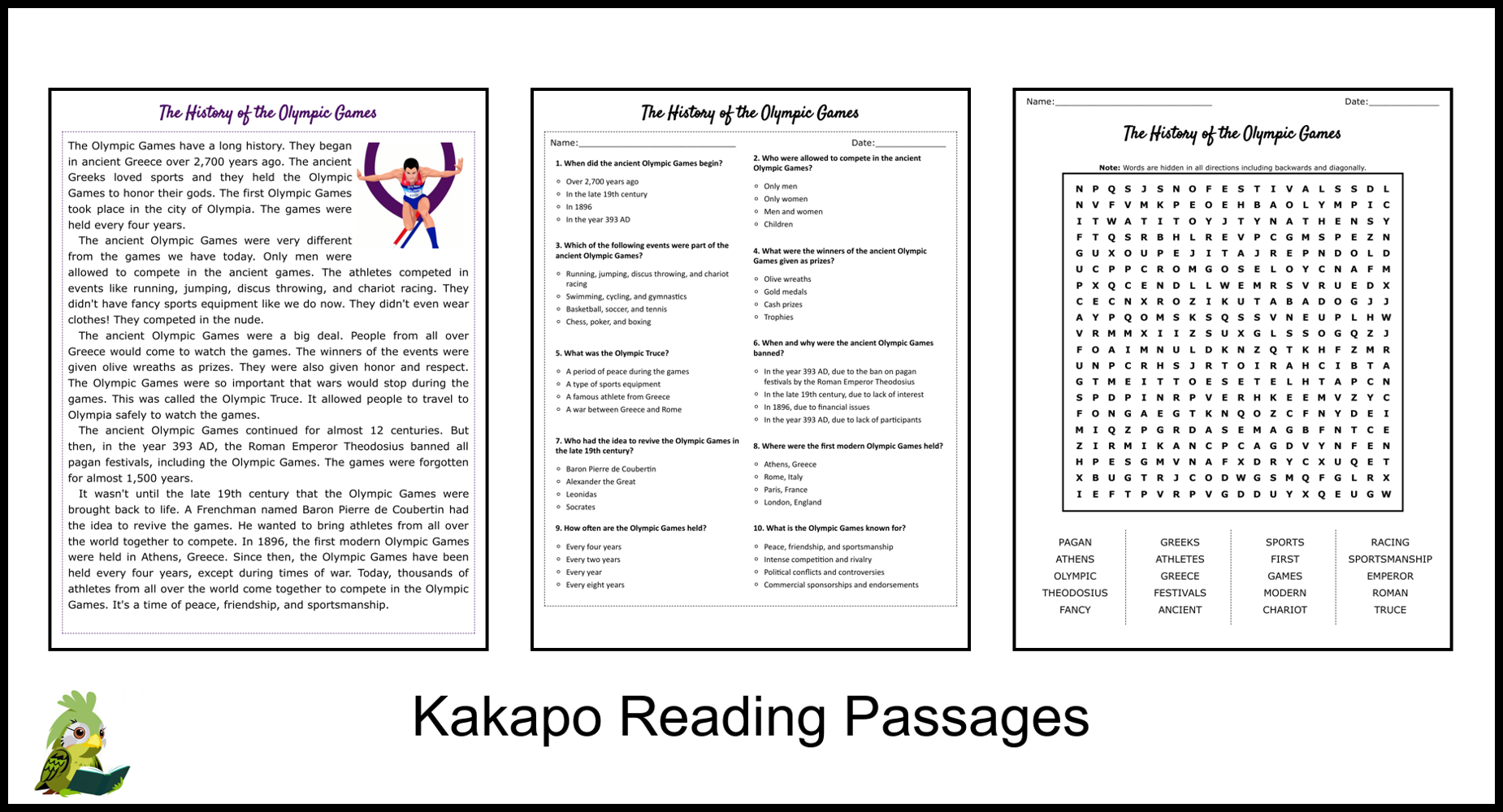 The History Of The Olympic Games Reading Comprehension And Word Search Teaching Resources