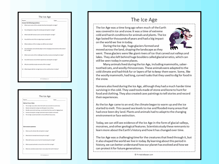 The Ice Age Reading Comprehension Passage Printable Worksheet 