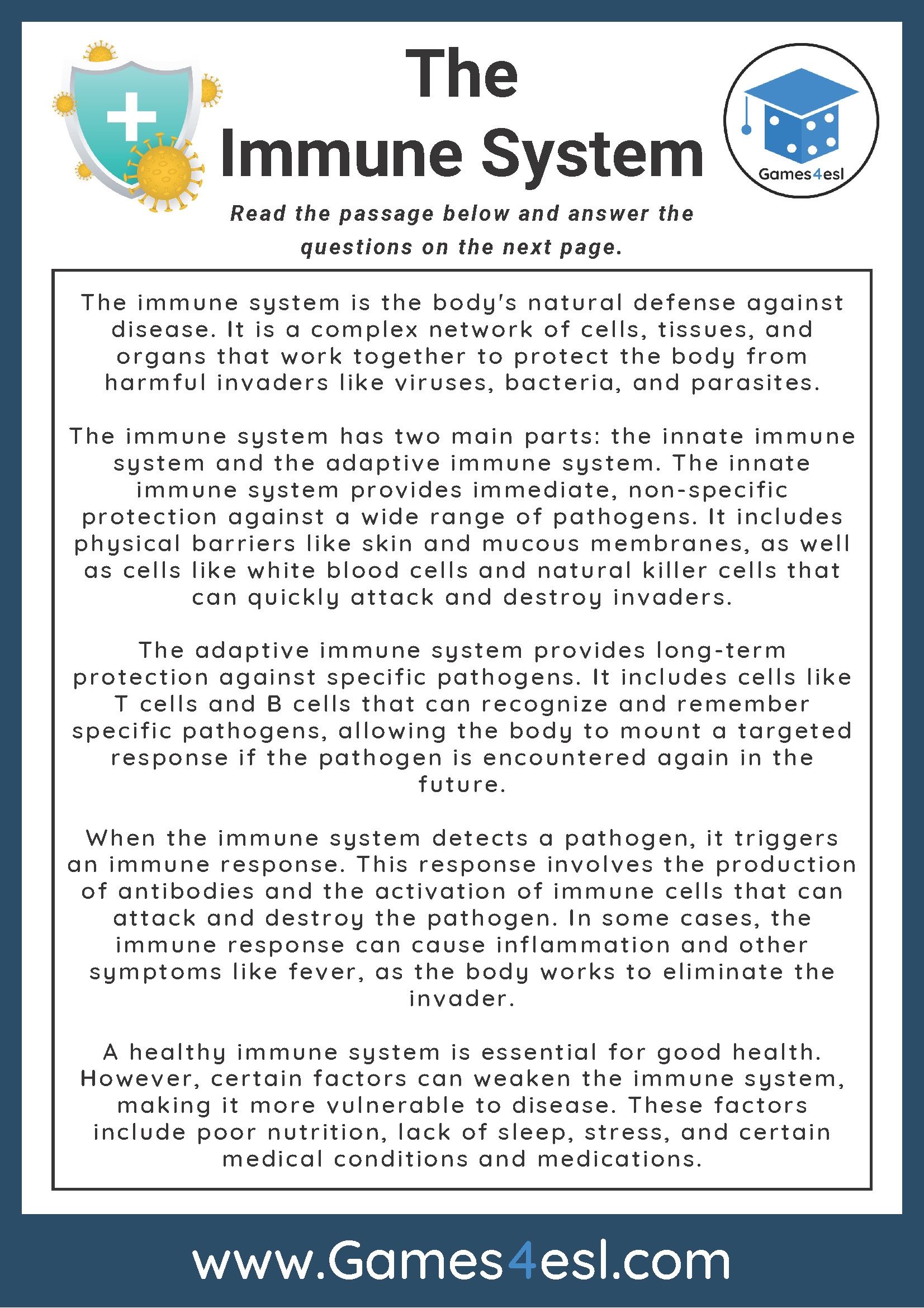 The Immune System Reading Comprehension Worksheet Games4esl