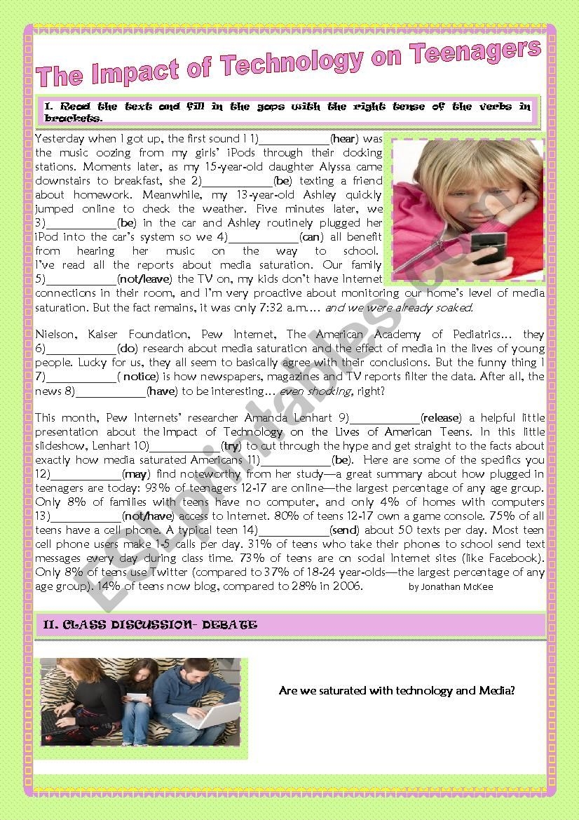 THE IMPACT OF TECHNOLOGY ON TEENS ESL Worksheet By Teresapr