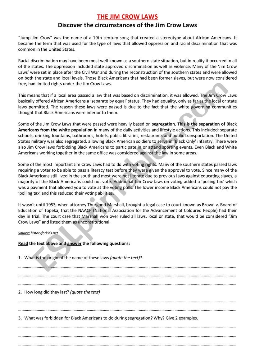 The Jim Crow Laws Reading ESL Worksheet By Winry54
