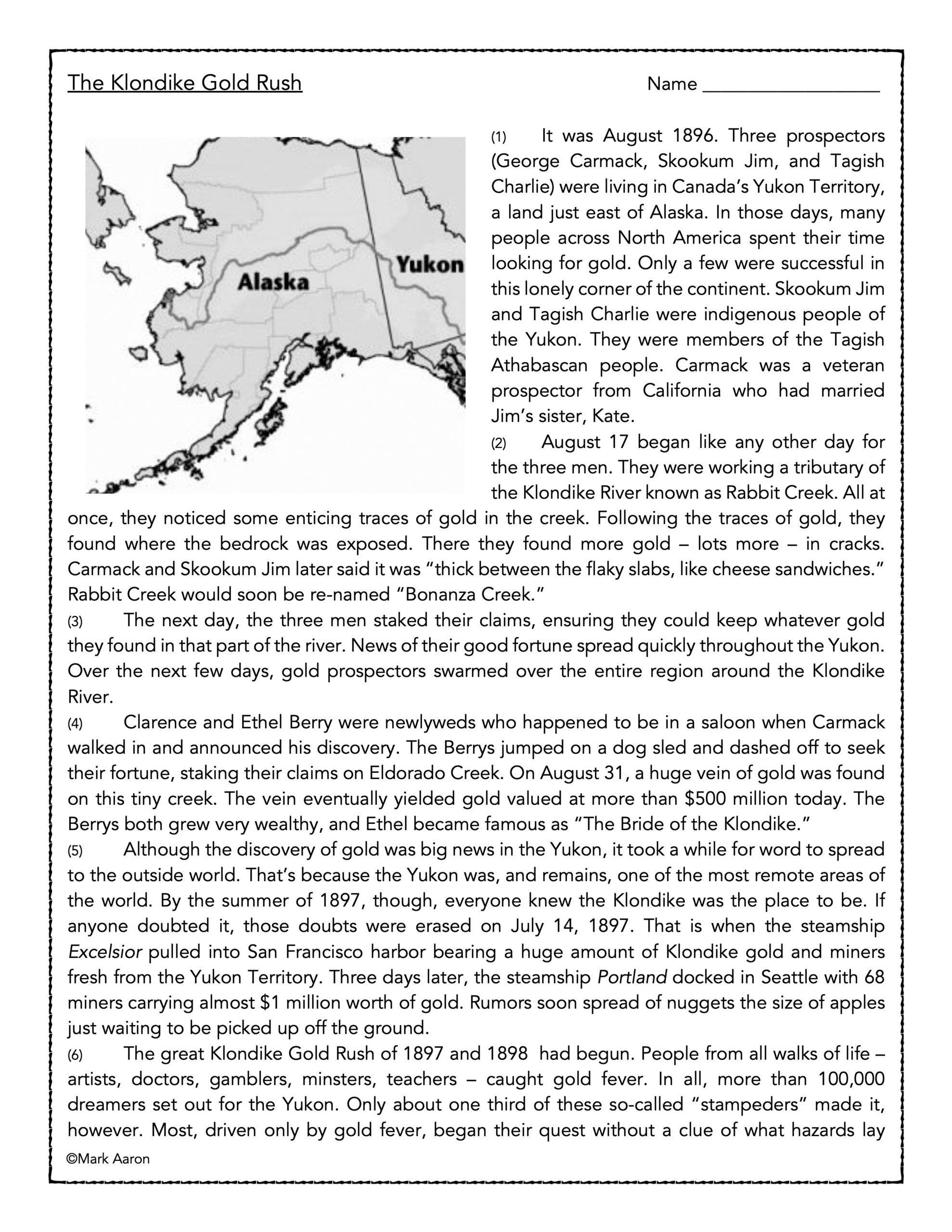 The Klondike Gold Rush Reading Passage And Assessment Classful