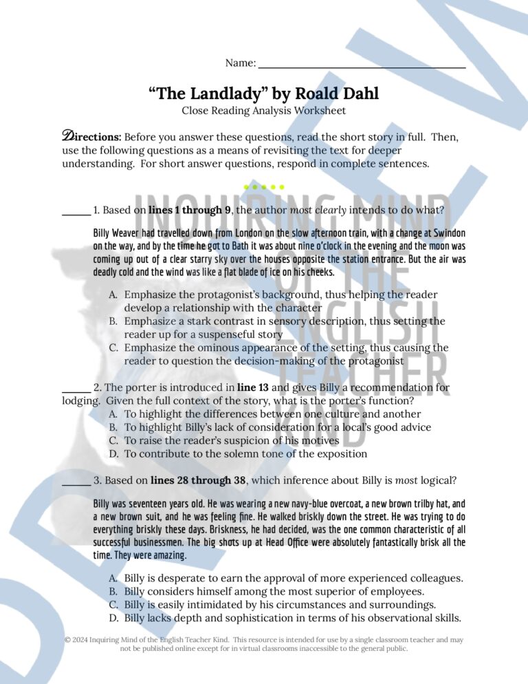 The Landlady By Roald Dahl Quiz Close Reading Worksheet And 