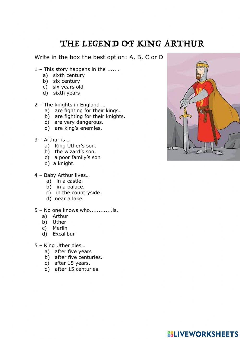 Lesson Worksheets King Arthur Reading Comprehension