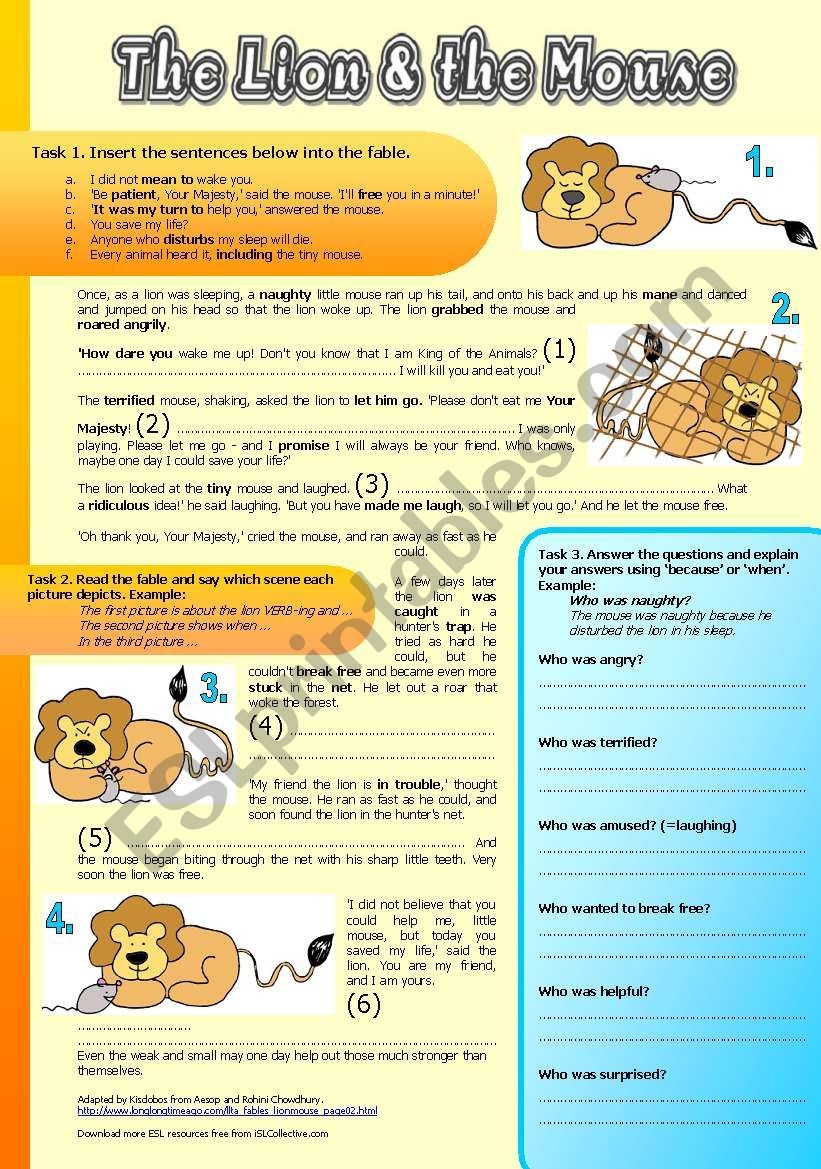 The Lion And The Mouse Fable Reading Comprehension Vocabulary Exercises W Solutions ESL Worksheet By Kisdobos
