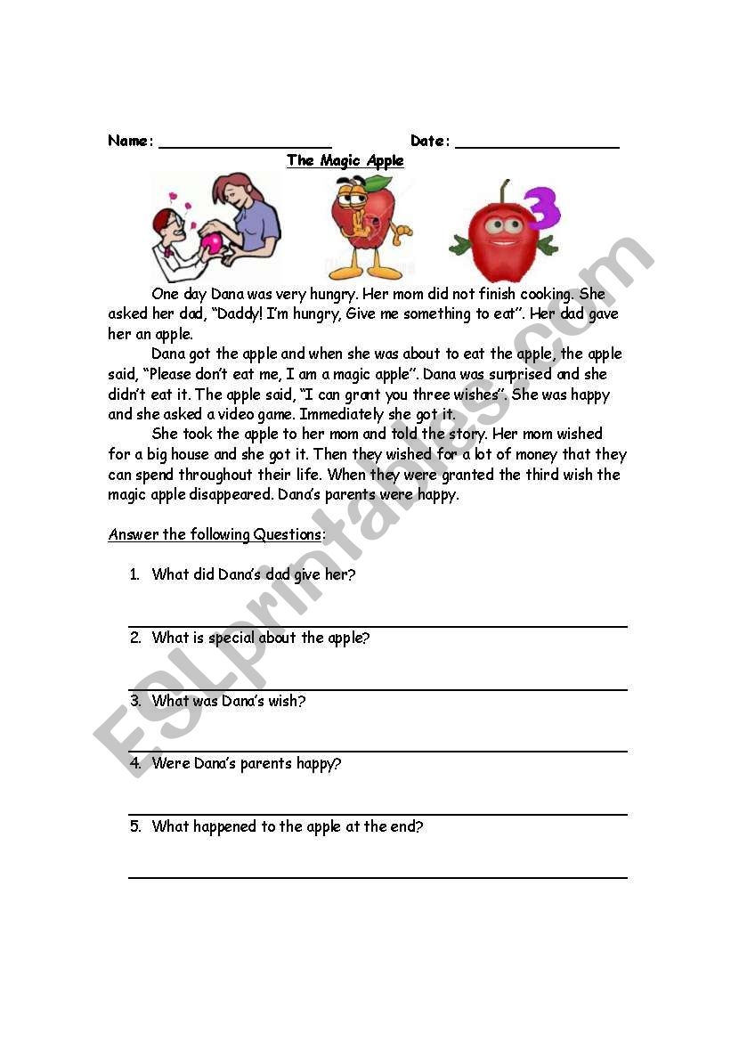 The Magic Apple Reading Comprehension ESL Worksheet By Suseee