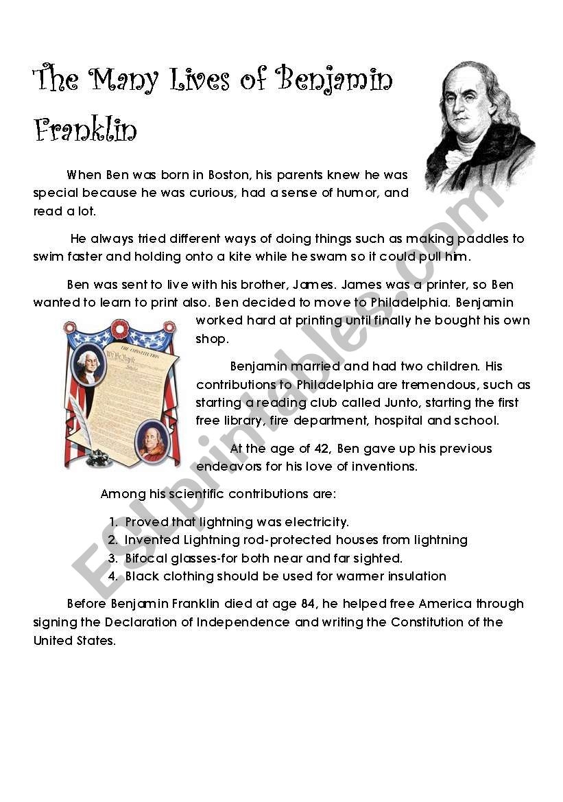 The Many Lives Of Benjamin Franklin ESL Worksheet By Lilacrose