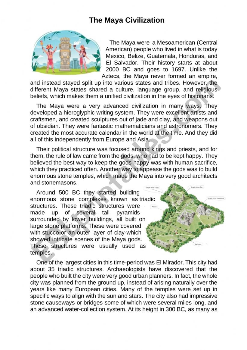 The Maya Civilisation Reading Comprehension Worksheet ESL 
