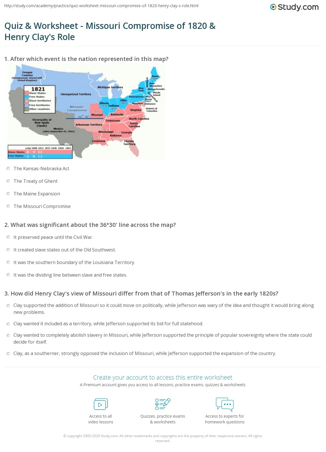 Missouri Compromise Reading Comprehension Worksheet Pdf