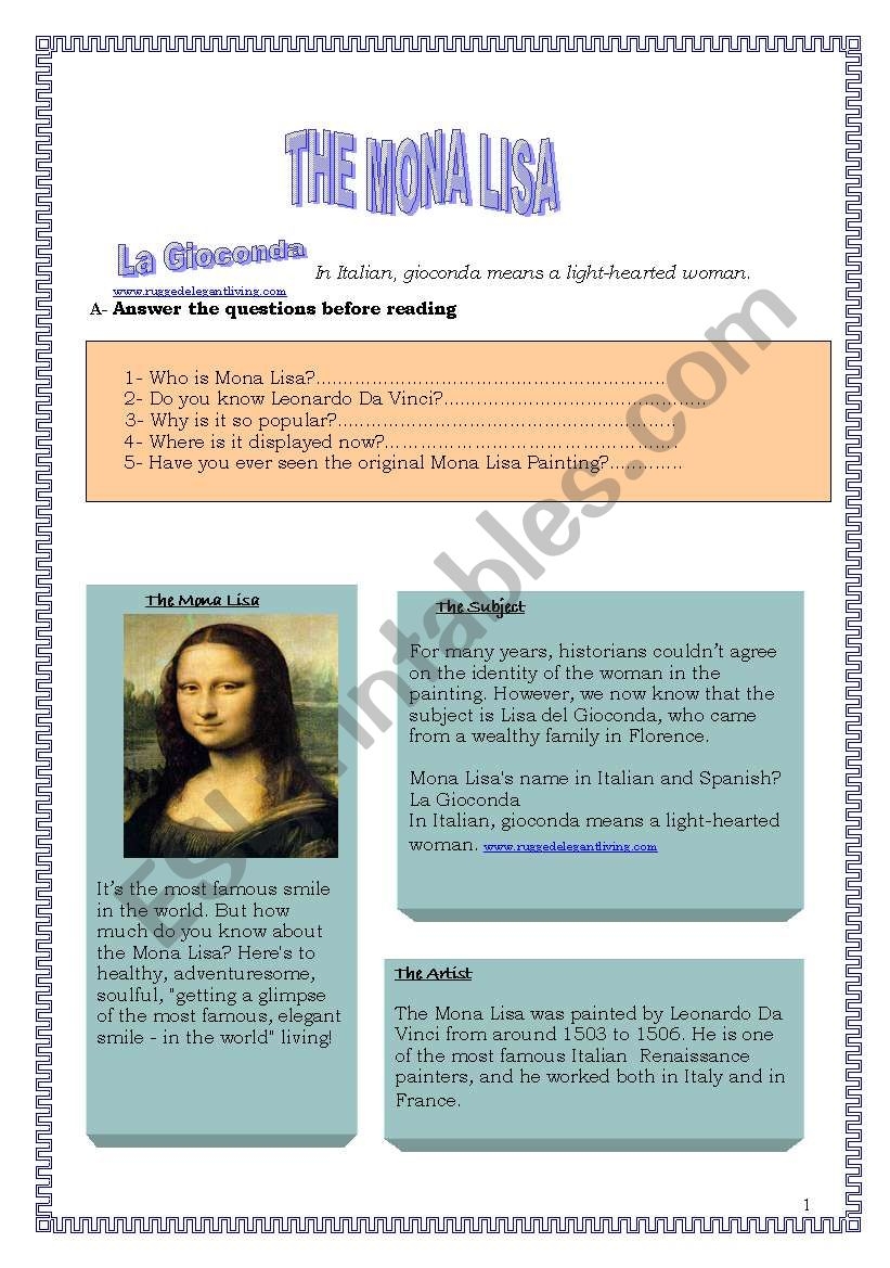 The Mona Lisa ESL Worksheet By Emila
