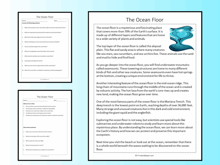 The Ocean Floor Reading Comprehension Passage Printable Worksheet Teaching Resources