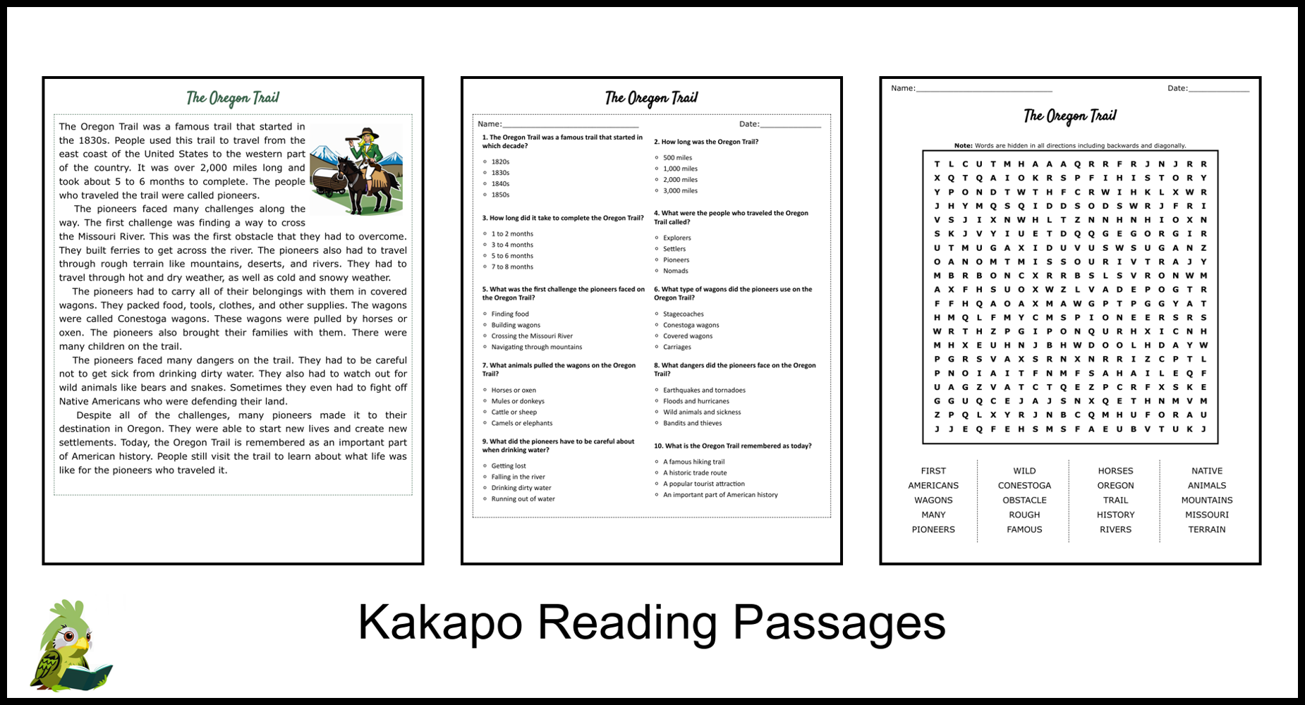 The Oregon Trail Reading Comprehension And Word Search Teaching 