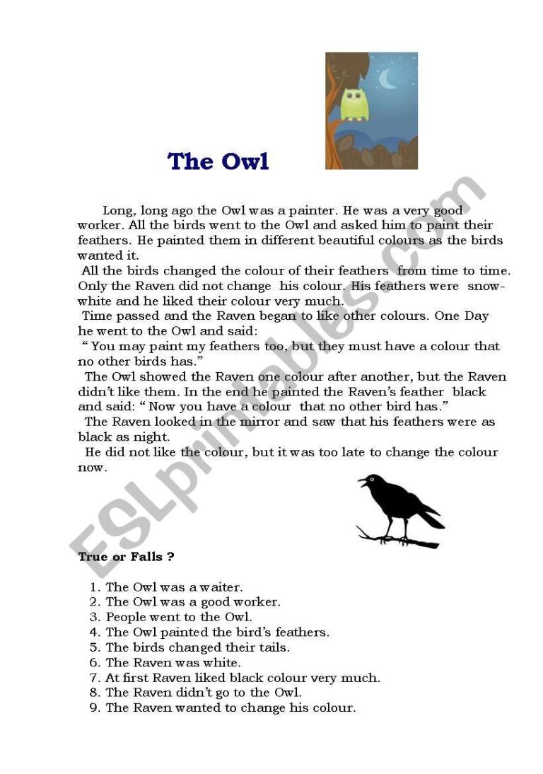 The Owl ESL Worksheet By Ptach