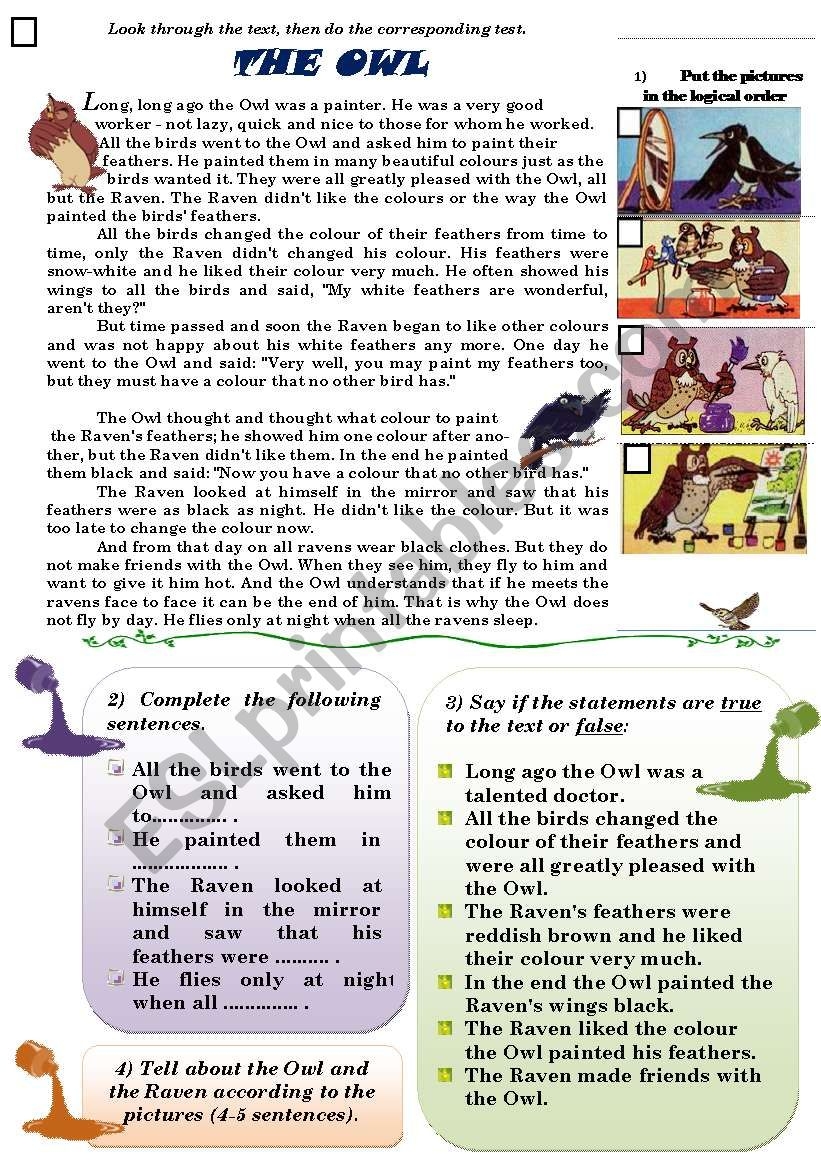 Owl Reading Comprehension Worksheets