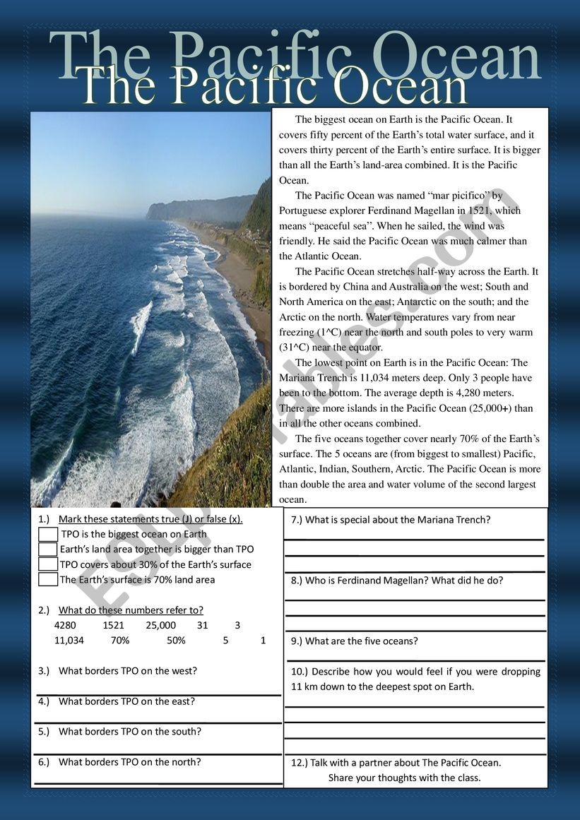 The Pacific Ocean Reading Comprehension Practice Exercises ESL Worksheet By Teacherblake