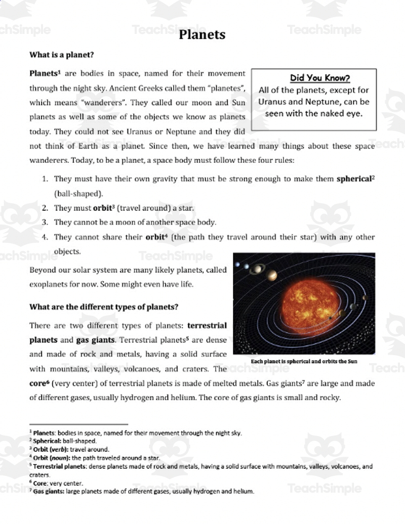 Solar System Reading Comprehension Worksheets