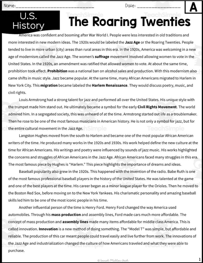 The Roaring Twenties Reading Packet