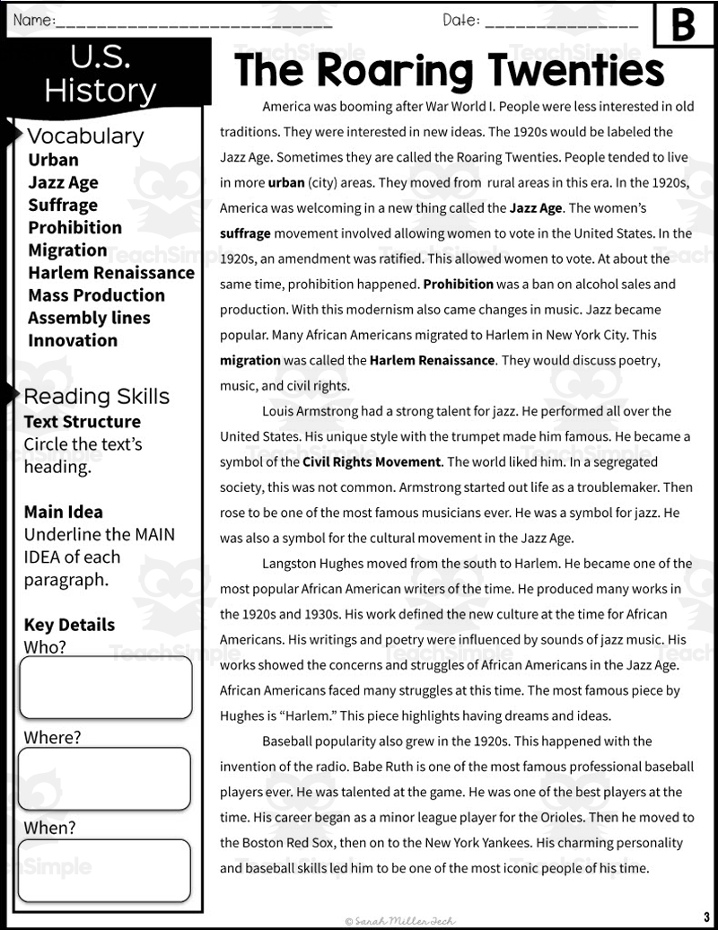 Roaring Twenties Reading Comprehension Worksheets