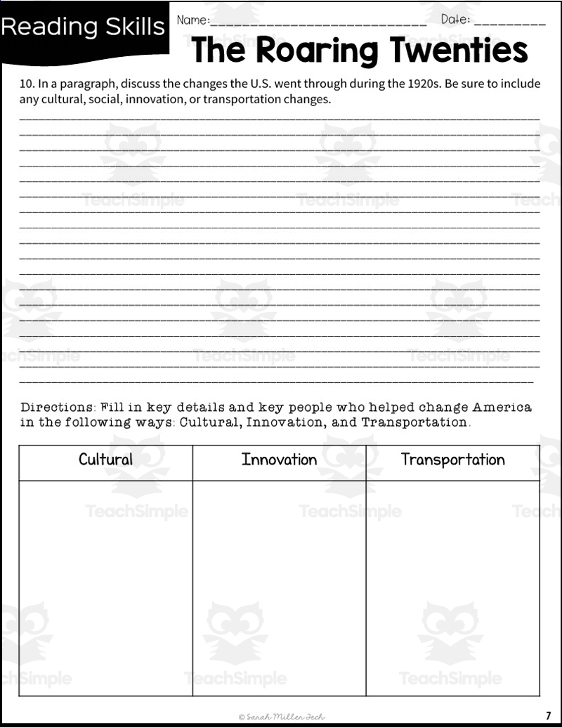 The Roaring Twenties Reading Packet Worksheets Library