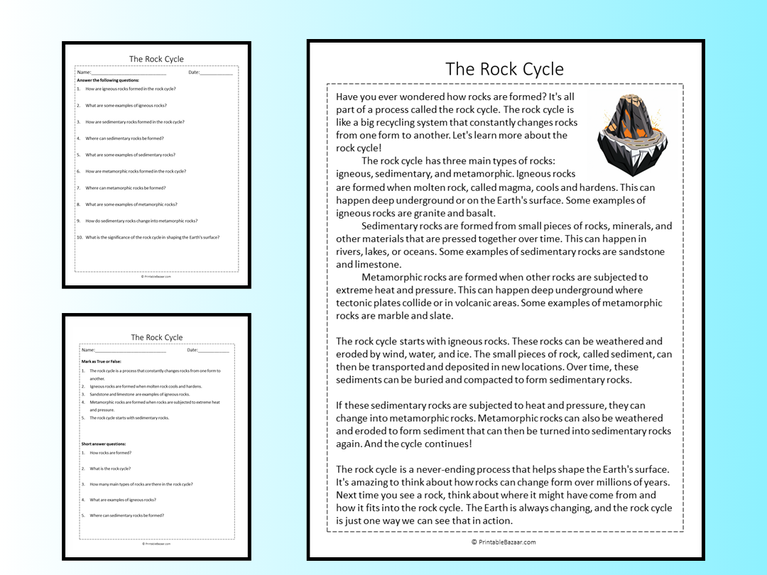 The Rock Cycle Reading Comprehension Passage Printable Worksheet 