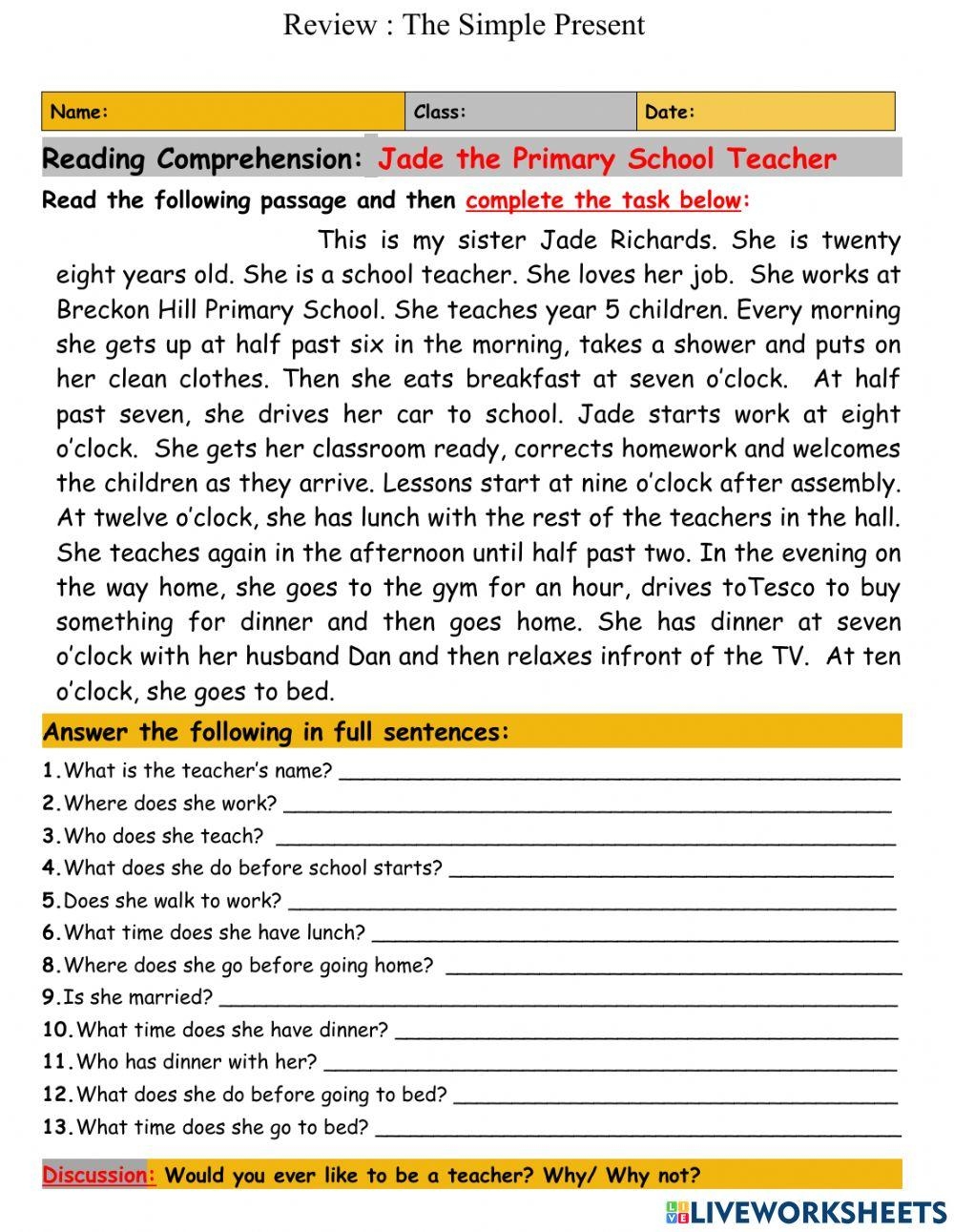 English Grammar Reading Comprehension Worksheets