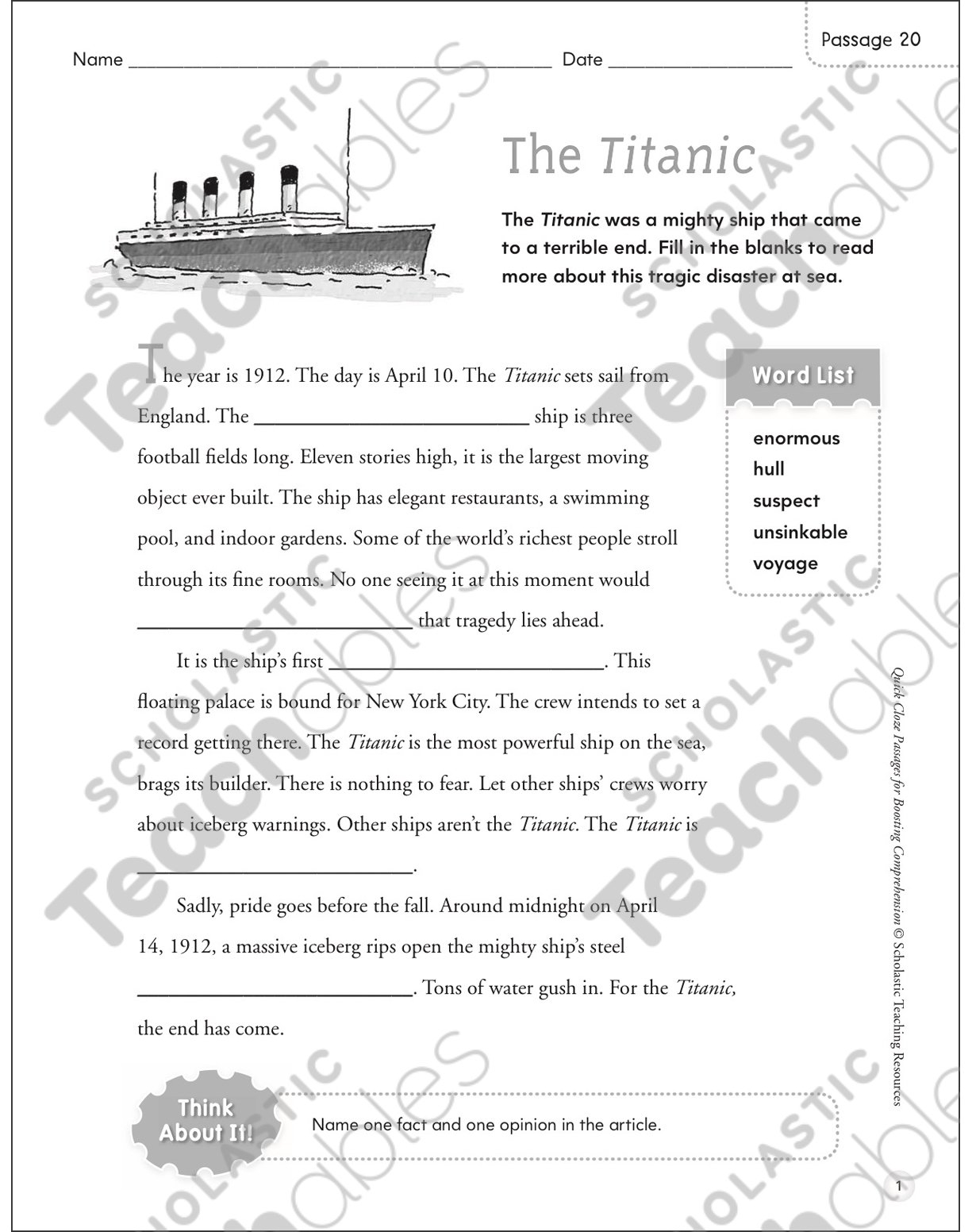 The Titanic Quick Cloze Passage Printable Lesson Plans And Ideas Skills Sheets