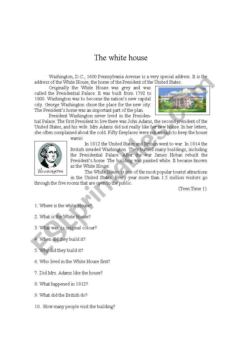 White House Reading Comprehension Worksheet