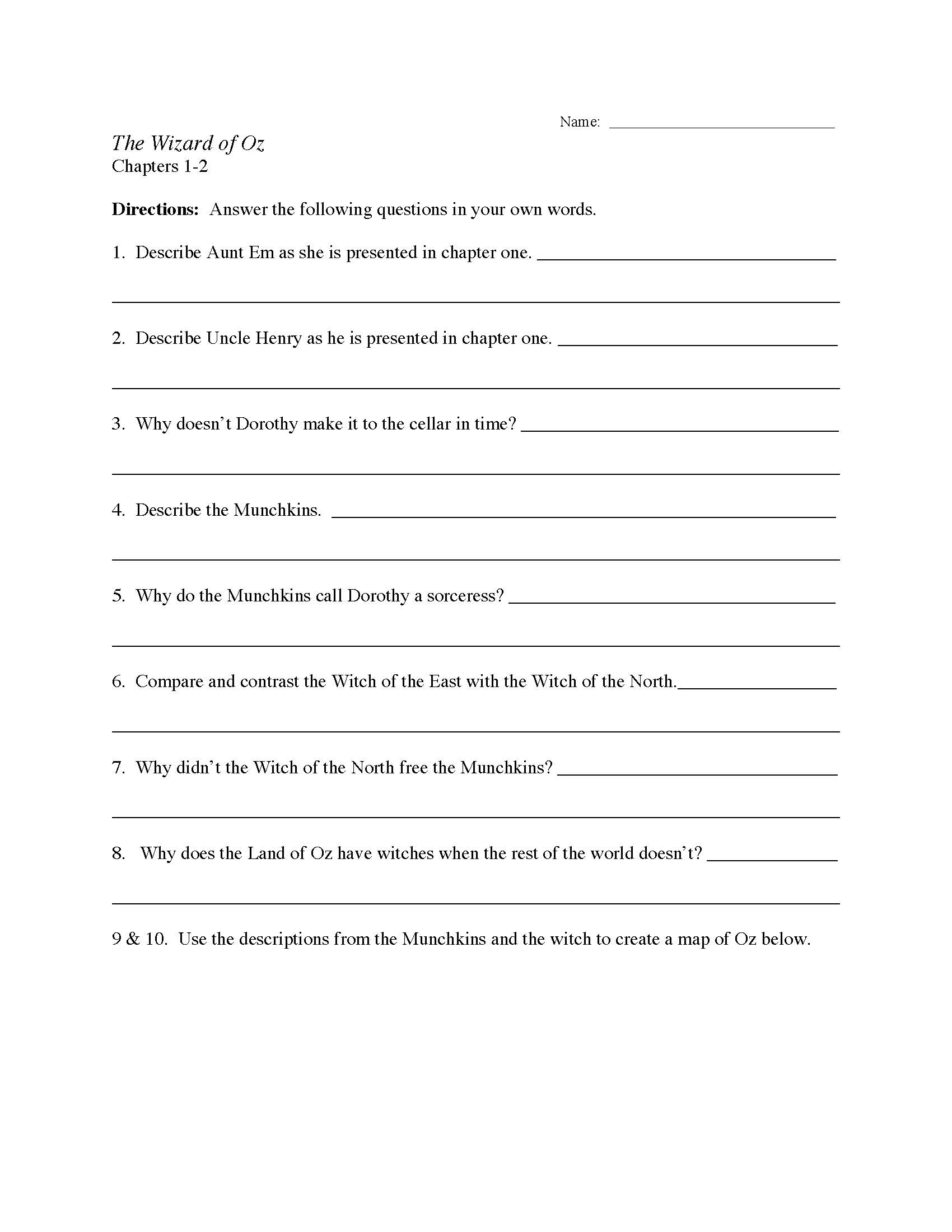 The Wizard Of Oz Chapters 1 2 Worksheet Preview
