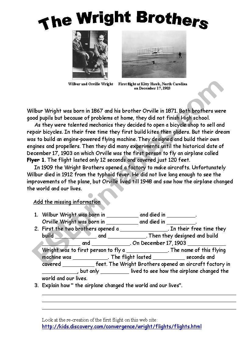 The Wright Brothers ESL Worksheet By Ronit85